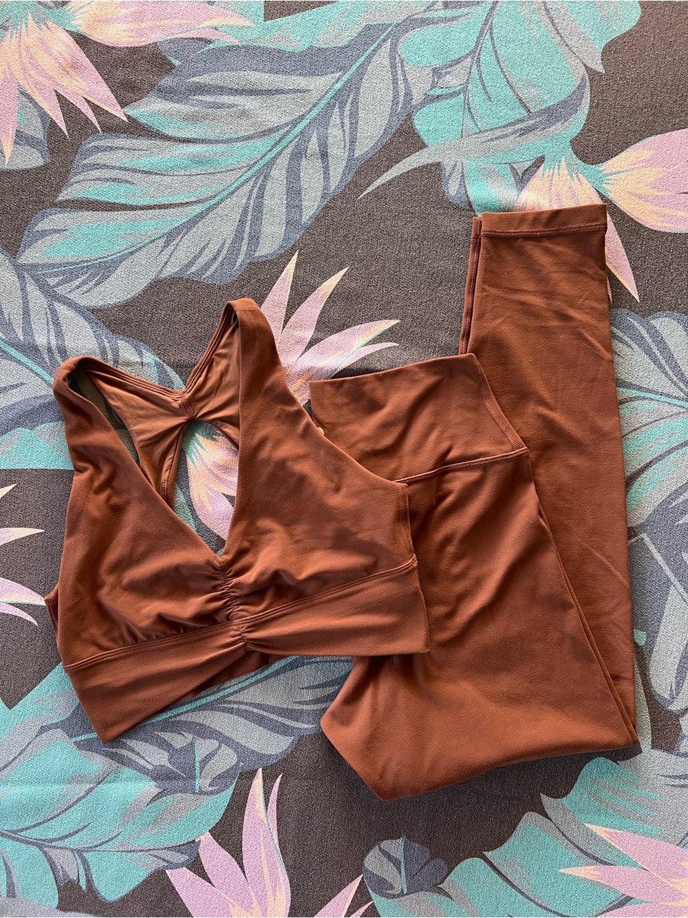 Aritzia Seamless Ruched Sports Bra and Leggings Set in Cognac (M/10)